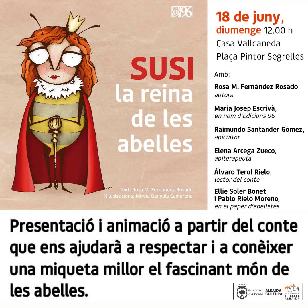 📙| El diumenge 18 a migdia <a href="/Ed_62/">Edicions62</a>  estarà a Albaida donant a conèixer l'abella més distingida de totes les #abelles.
👉 T'esperen a la Sala Vallcaneda junt al <a href="/museutitelles/">Museu Internacional Titelles</a>