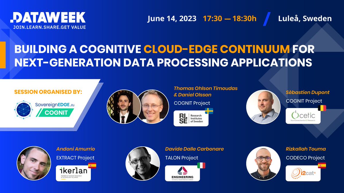 📆Do not miss Rizkallah Touma (#AI) at #Dataweek2023 event representing @CODECOProject with colleagues from R&D projects working on #data at the #edge📷shorturl.at/lAX02 #COGNITproject
@EXTRACT_EU_proj @talon_project @EU_CloudEdgeIoT @BDVA_eu @EuHubs4 @CnectCloud #DigitalEU