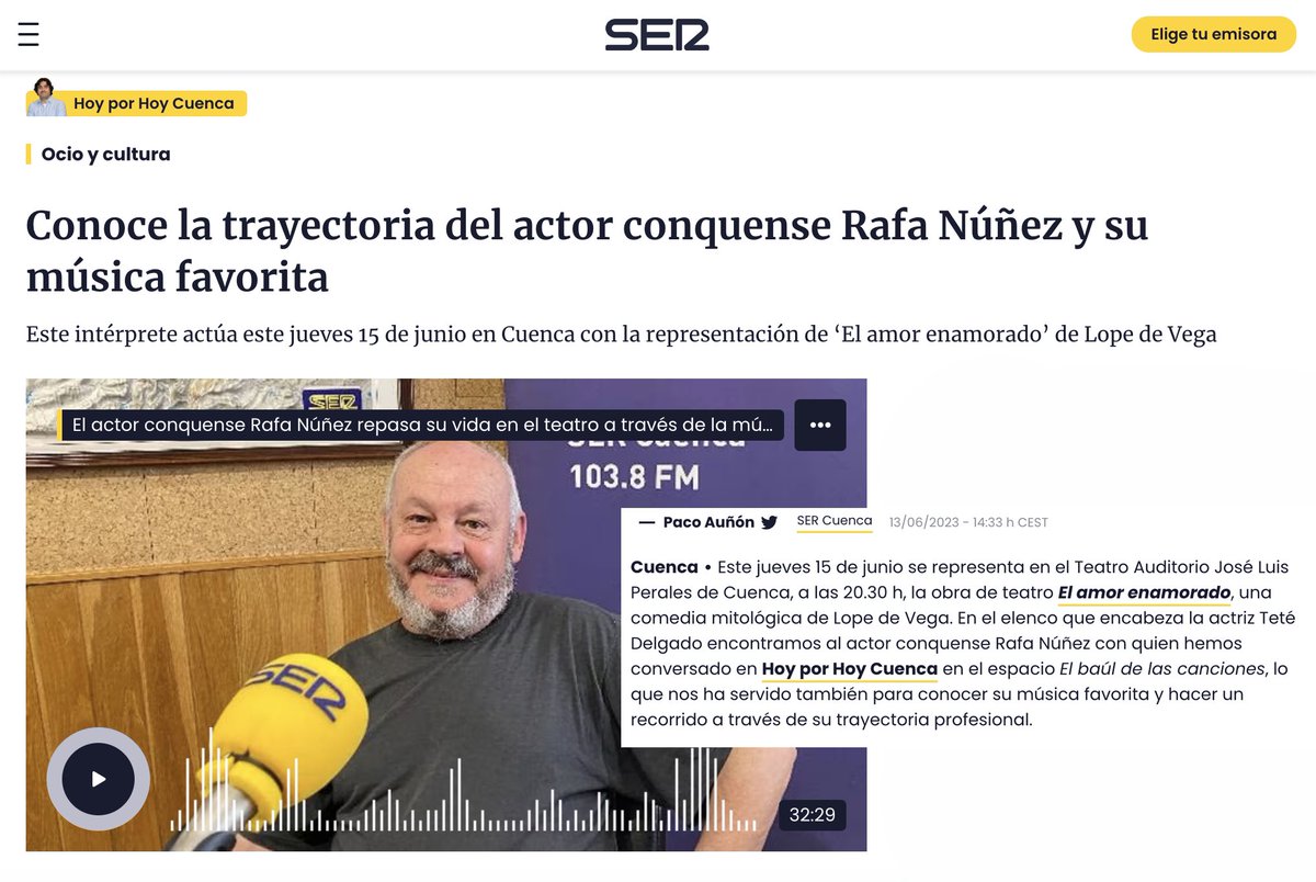 . <a href="/MIC_PRODUCCIONE/">MIC PRODUCCIONES</a> 
Entrevista a <a href="/rafanunezpl/">Rafa Núñez</a> en <a href="/SERcuenca/">SER Cuenca</a> #HoyPorHoyCuenca para hablar de la función de #ElAmorEnamorado de este 15 de junio en el #TeatroAuditorioJoséLuisPerales de #Cuenca 

cadenaser.com/castillalamanc…

@borjabuela #RafaNuñez #actor #teatro #cultura #entrevista