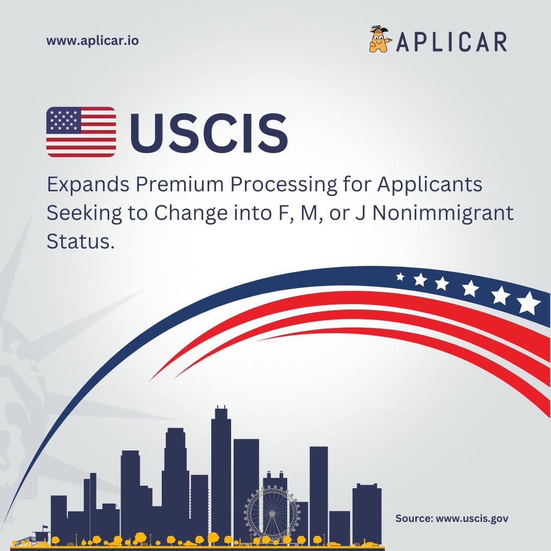 USCIS announced the expansion of premium processing for individuals completing Form I-539, Application to Extend/Change Nonimmigrant Status, and requesting a change of status to F-1, F-2, M-1, M-2, J-1, J-2 nonimmigrant status. 

#uscis #uscisnews #j1visa #StudyAbroadWithAplicar
