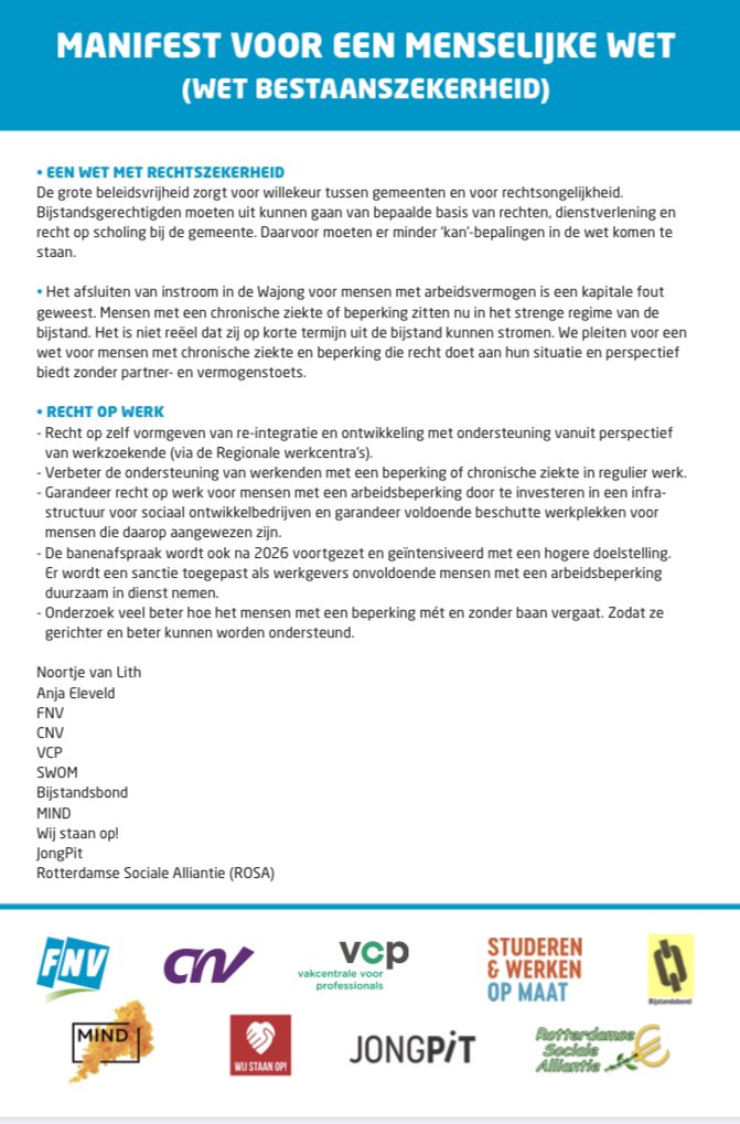 Lees hier ons Manifest voor een Menselijke wet, samen met <a href="/vakbond/">CNV</a>  <a href="/VCProfessionals/">VCP Professionals</a> <a href="/studerenopmaat/">Stichting SWOM</a> <a href="/bijstbond/">Bijstandsbond</a> <a href="/wijstaanop/">Wij Staan Op!</a> <a href="/jong_pit/">JongPIT</a> <a href="/wijzijnmind/">MIND</a> en ROSA