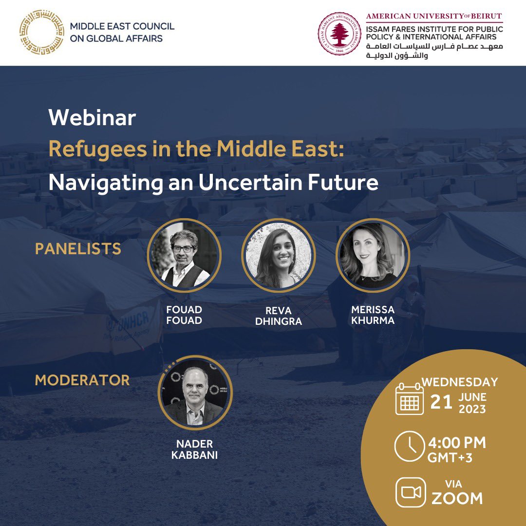 🖥 Join us this Wednesday June 21 at 4PM (Beirut time) for a webinar in collaboration with @mecouncil on “Refugees in the Middle East: Navigating an Uncertain Future” with @FouadFouad61, @Reva__D, and @MerissaKhurma, moderated by Nader Kabbani.

🔗 bit.ly/3P7XkAv