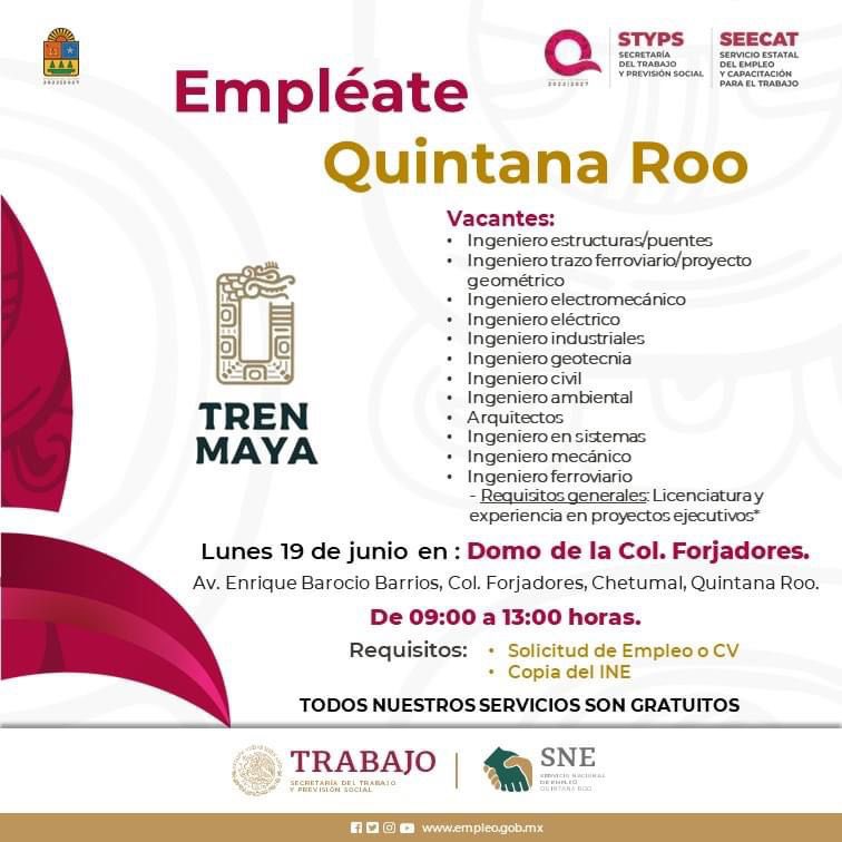 MaraLezama's tweet photo. Amig@s de #Chetumal, si están en busca de empleo, el @TrenMayaMX 🛤️ tiene diversas vacantes disponibles. L@s interesad@s pueden acudir el lunes 19 de junio a la jornada de Empléate #QuintanaRoo en el domo de la colonia Forjadores. Aquí 👇🏼 les comparto los horarios de atención y requisitos. 

#UnidosParaTransformar

@SNEQuintanaRoo