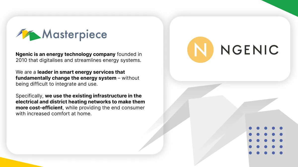 💡Meet the #MASTERPIECE_EU partners!
Ngenic is an energy technology company that digitalises and streamlines energy systems. 

We are a leader in smart energy services that fundamentally change the energy system – without being difficult to integrate and use. 

#Masterpiece