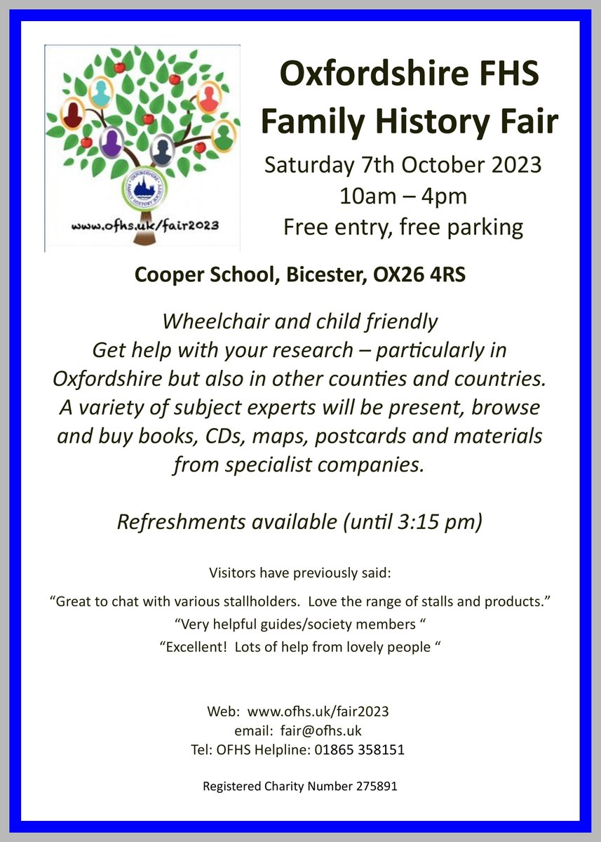 OXFFamHistory's tweet photo. Come to the Oxfordshire Family History Fair in Bicester on 7th October - many societies are attending!
It'll be free, friendly and informative!  #FamilyHistory #Oxfordshire https://t.co/20hhspaTyS