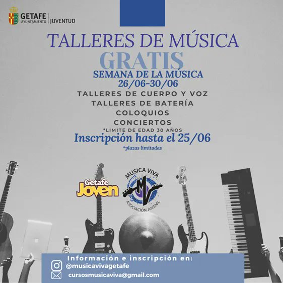 getafejoven's tweet photo. Talleres #gratuitos de voz, guitarra y batería, concierto joven y ponencias en la #SemanadelaMúsica Joven del 26 al 30 de junio en el Espacio Música Joven.
#getafejoven https://t.co/Td670zIajW
#musicajoven #getafest #semanadelamusica @MusicaVivaGet https://t.co/qHrEzQjrb1