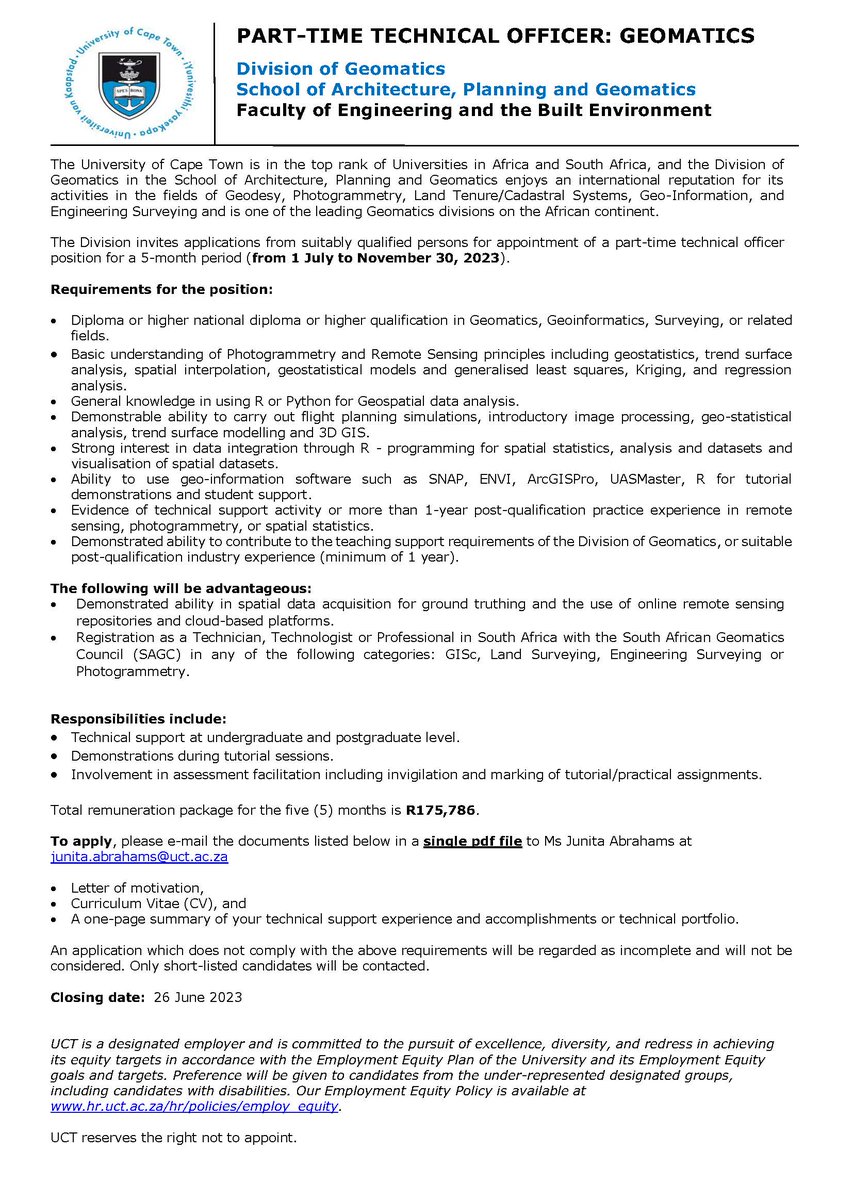 Geomatics UCT (@geomaticsuct) on Twitter photo an exciting #jobopportunity in #geomatics at <a href="/UCTEBE/">EBE Faculty</a> if you are keen on #spatialdata #photogrammetry #remotesensing #pythonprogramming #spatialstatistics Closing date: 26 June an exciting #jobopportunity in #geomatics at <a href="/UCTEBE/">EBE Faculty</a> if you are keen on #spatialdata #photogrammetry #remotesensing #pythonprogramming #spatialstatistics Closing date: 26 June
