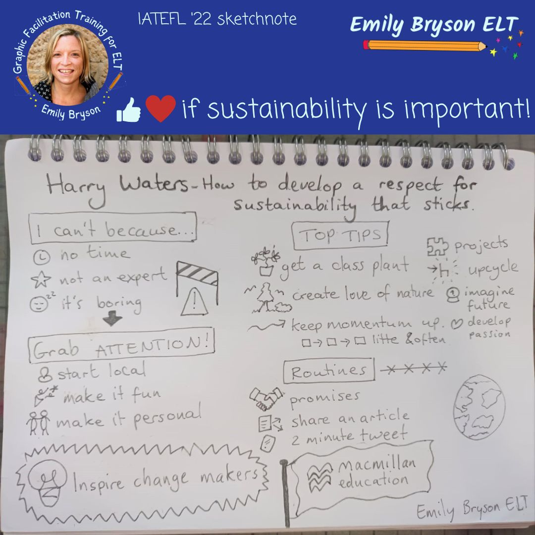 <a href="/Renewablenglish/">🌍💚 Harry Waters 💚🌍</a> is a world changer with the perfect dash of humour!

How do you inspire your students to make tiny changes to earth?

More ELT related sketchnotes here:
emilybrysonelt.com/sketchnoting/

#TESOL #TEFL #ESOL #ELTFootprint #sketchnote #IATEFL #drawingELT #IATEFL22