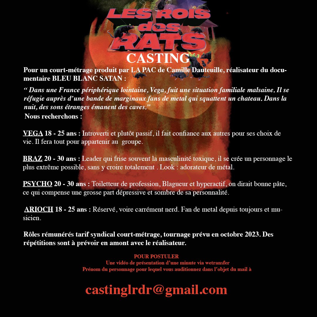 🚨Alert casting  🚨 Pour un nouveau projet  de 𝕮𝖆𝖒𝖎𝖑𝖑𝖊 𝕯𝖆𝖚𝖙𝖊𝖚𝖎𝖑𝖑𝖊 et produit par <a href="/la_pac/">Lana</a> nous recherchons différents roles. Contactez @coralielaleseignard pour toute info supplémentaire.
✉️ castinglrdr@gmail.com
🤘🤘🐀🐀🐀🐀🐀🐀🐀🐀🐀🇫🇷