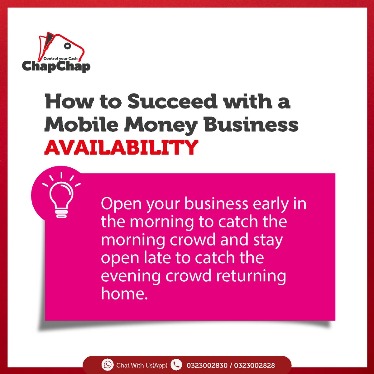 HOW TO SUCCEED IN MOBILE MONEY BUSINESS! Be available to your customers. Being open during rush hour will expose you to a lot of people passing by. To start a Mobile Money business today download ChapChap: i.mtr.cool/xmuqmnmprv Code: CA00686 #mobilemoneyapp #mobilemoney