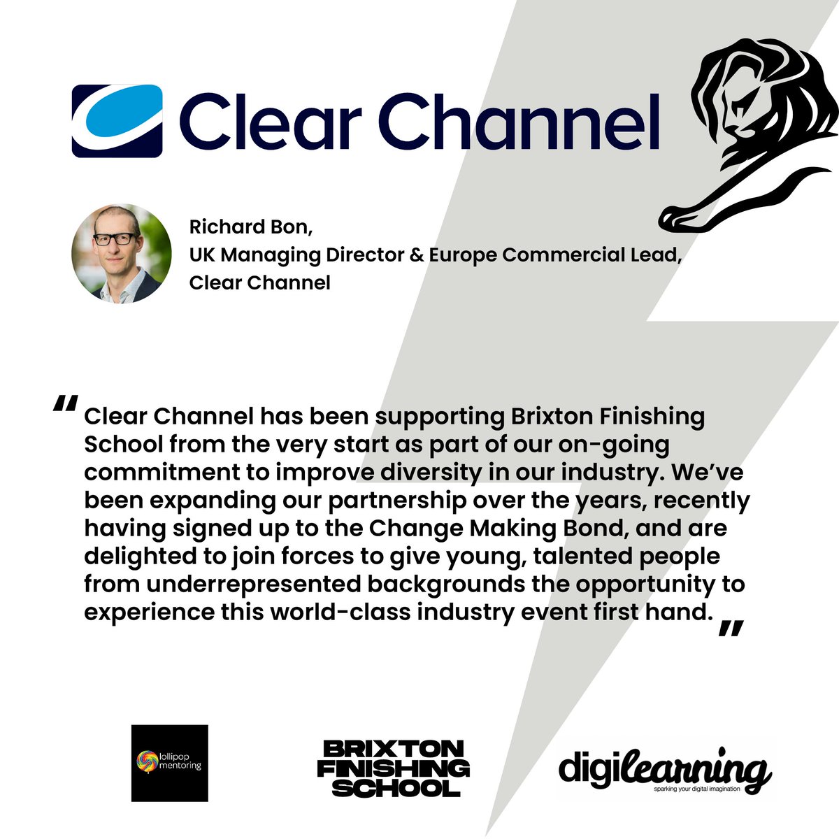 We're delighted @ClearChannelUK have donated to #CannesForAll, an initiative led by @BrixtonFSchool, @digilearningHQ and #LollipopMentoring. 

#CannesLions #CannesForAll #ChangeMakers