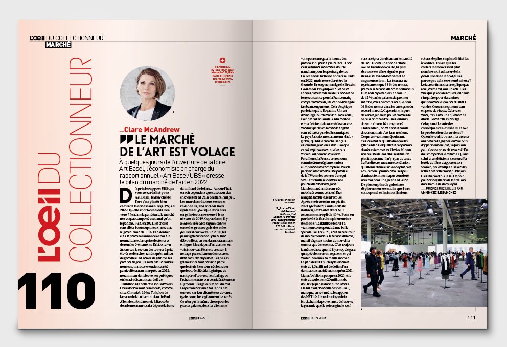 🇨🇭 #Foire : à la veille de l’ouverture au grand public de la foire Art Basel, l’économiste en charge du rapport annuel « Art Basel/UBS » dresse le bilan du marché de l’art en 2022.
👁️ Découvrez l'analyse de Clare McAndrew dans L'Œil ⬇️
lejournaldesarts.fr/marche/clare-m…