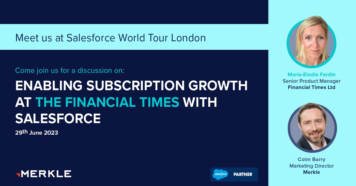 🔔 EVENT ALERT | The @salesforce World Tour London is an event not to be missed! We're excited to host a speaker session with Colm Barry of @Merkle and Marie-Elodie Fardin from the @FinancialTimes (FT).🗞️ Register today 📝: salesforce.com/uk/events/lond…
