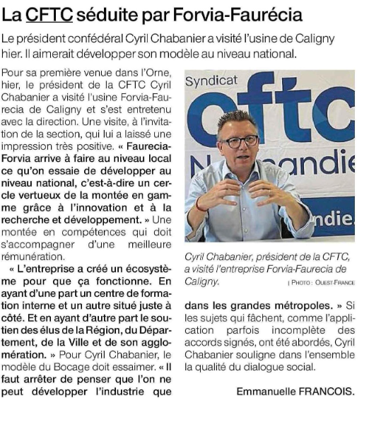 ChabanierCFTC's tweet photo. Dans @OuestFrance, retour sur ma visite d'hier dans l'usine Faurecia (groupe Forvia) de Caligny sur le thème de la #montéeengamme

https://t.co/4G5jX6ZW8Z https://t.co/HRxk3gEtgD