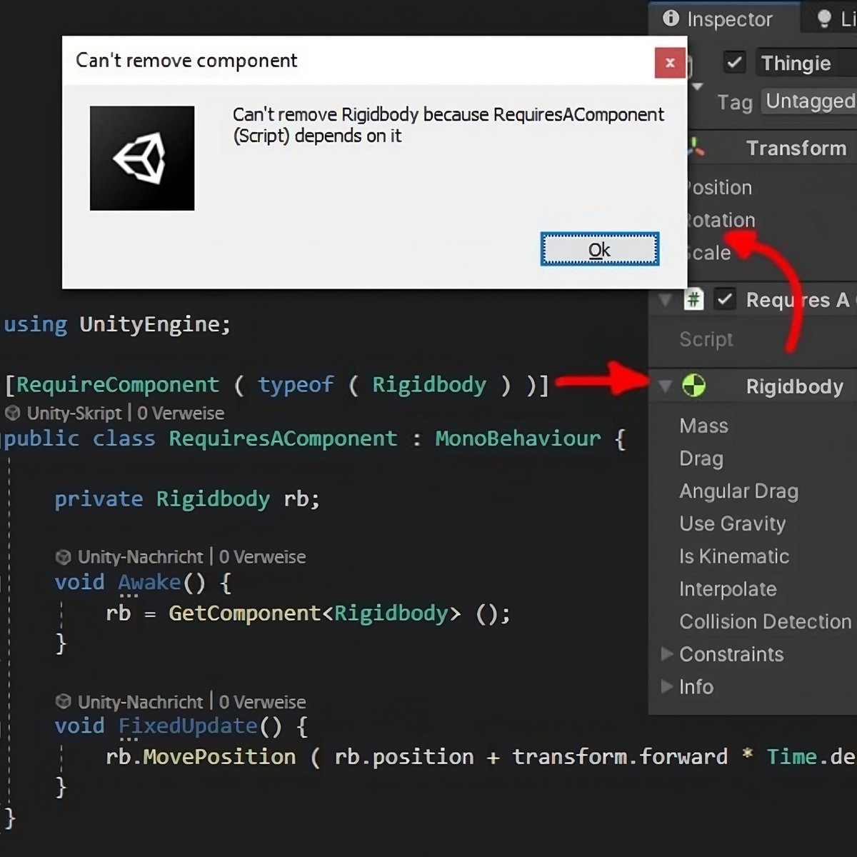 unity3d_tr's tweet photo. #Unity'de "Require Component", bir oyun nesnesinin üzerine eklenmesi gereken belirli komponentleri otomatik olarak zorunlu kılar (eğer yoksa direkt ekler). https://t.co/YvBNwTVBwf