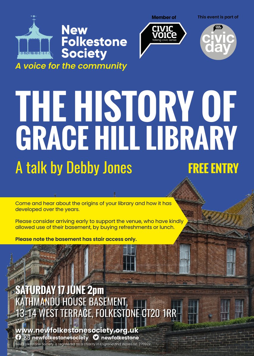 FREE talk Sat 17 June 1.30pm (2pm start) - The History of Grace Hill Library. Kathmandu House basement, West Terrace #Folkestone. A @civic_voice #CivicDay event supporting the #SaveFolkestoneLibrary campaign #SaveOurLibraries #SaveLibraries #SavingGrace #HeritageAtRisk #Libraries