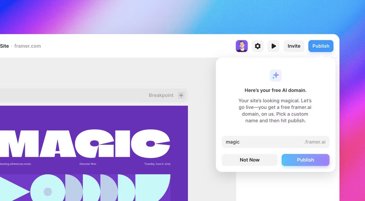 ProductHunt's tweet photo. Designers, don't fret. Let AI build your portfolio.

@framer just dropped its AI assistant that can generate copy, pair fonts, design assets, and more. https://t.co/hWhnoNSzSv