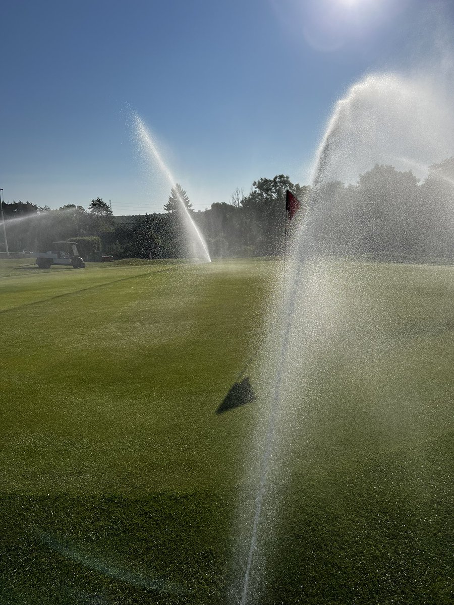 Busy morning! Greens solid tined, light v-cut and TX10 fertiliser applied and new irrigation going in around our 7th green. Couple turns of the irrigation heads to finish off with.