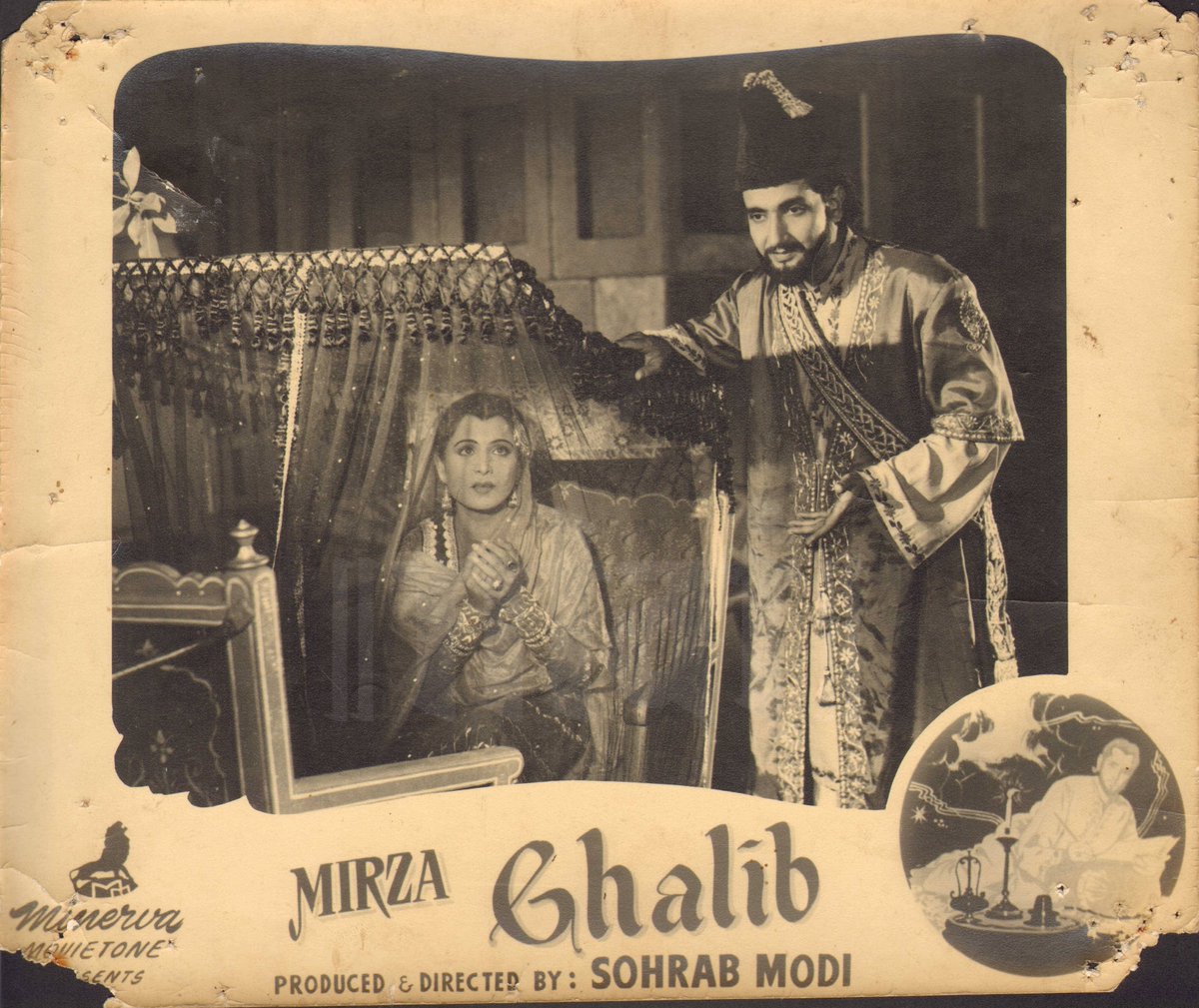 NFAIOfficial's tweet photo. #BharatBhushan and #NigarSultana appear in this lobby card of the film #MirzaGhalib (1954), directed by #SohrabModi. The film explores the love between the Urdu poet #MirzaGhalib (#BharatBhushan) and the courtesan Moti Begum, played by the singing star #Suraiya. #DeewaneGhalib https://t.co/tEk8hk3hZe