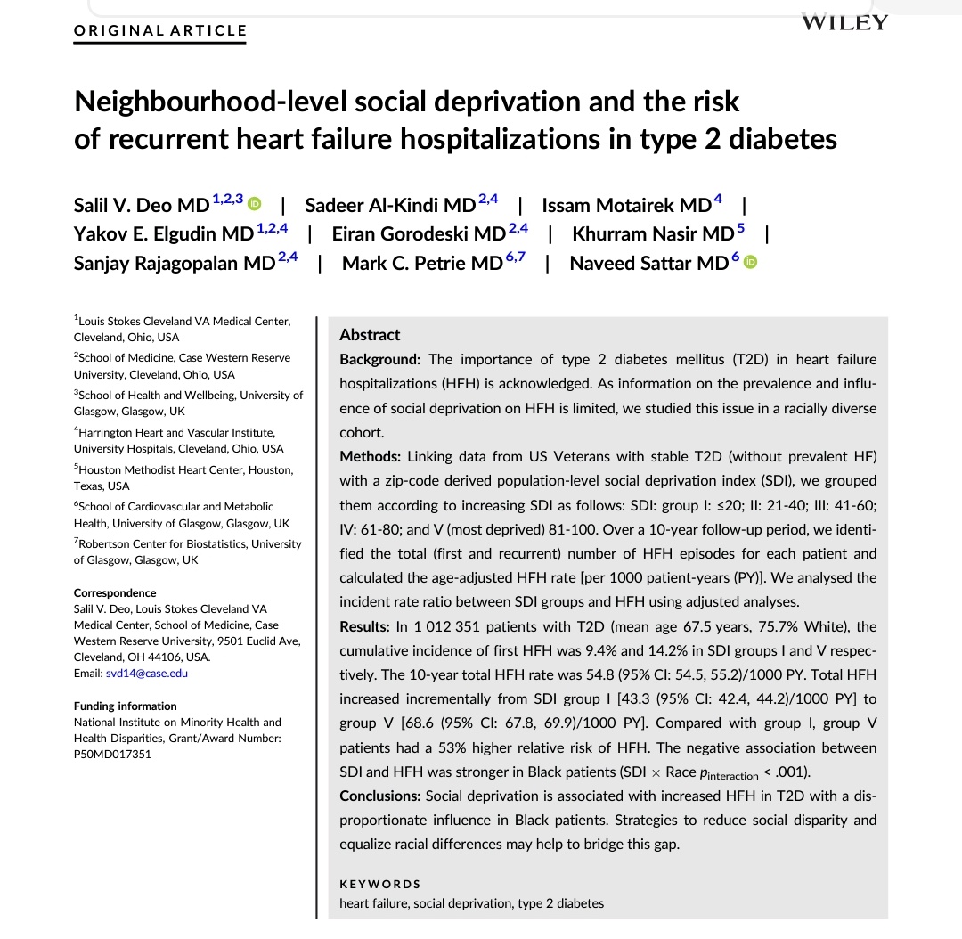 In a study of &gt;1 m patients with T2D, @deo_salil et al shows that the social environment is an important determinant of incidenr and recurrent HF risk in T2D. Time to consider the neighborhood environment for risk stratification  dom-pubs.onlinelibrary.wiley.com/doi/10.1111/do… (open access)