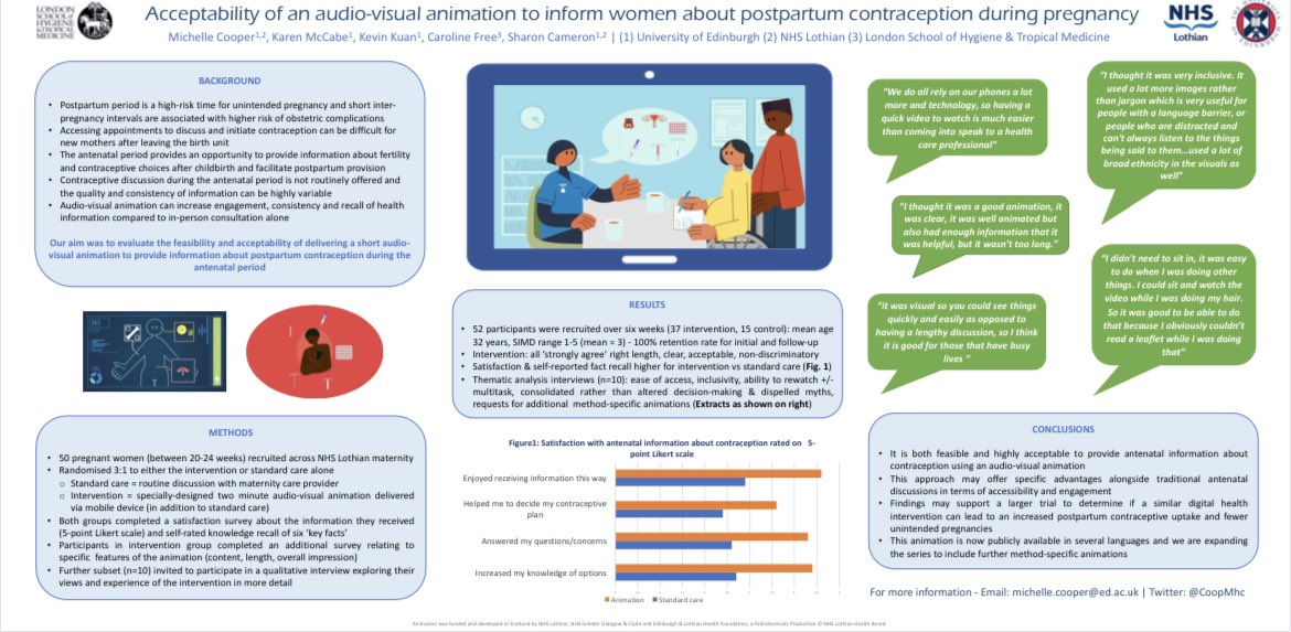 Thrilled to be able to share preliminary findings from our pilot study of audiovisual animation as tool for providing AN contraceptive info at @RCObsGyn World Congress today 🌈@CameronSharon @KmCK06 @kevinkuan0707 @NHS_Lothian @MRC_CRH