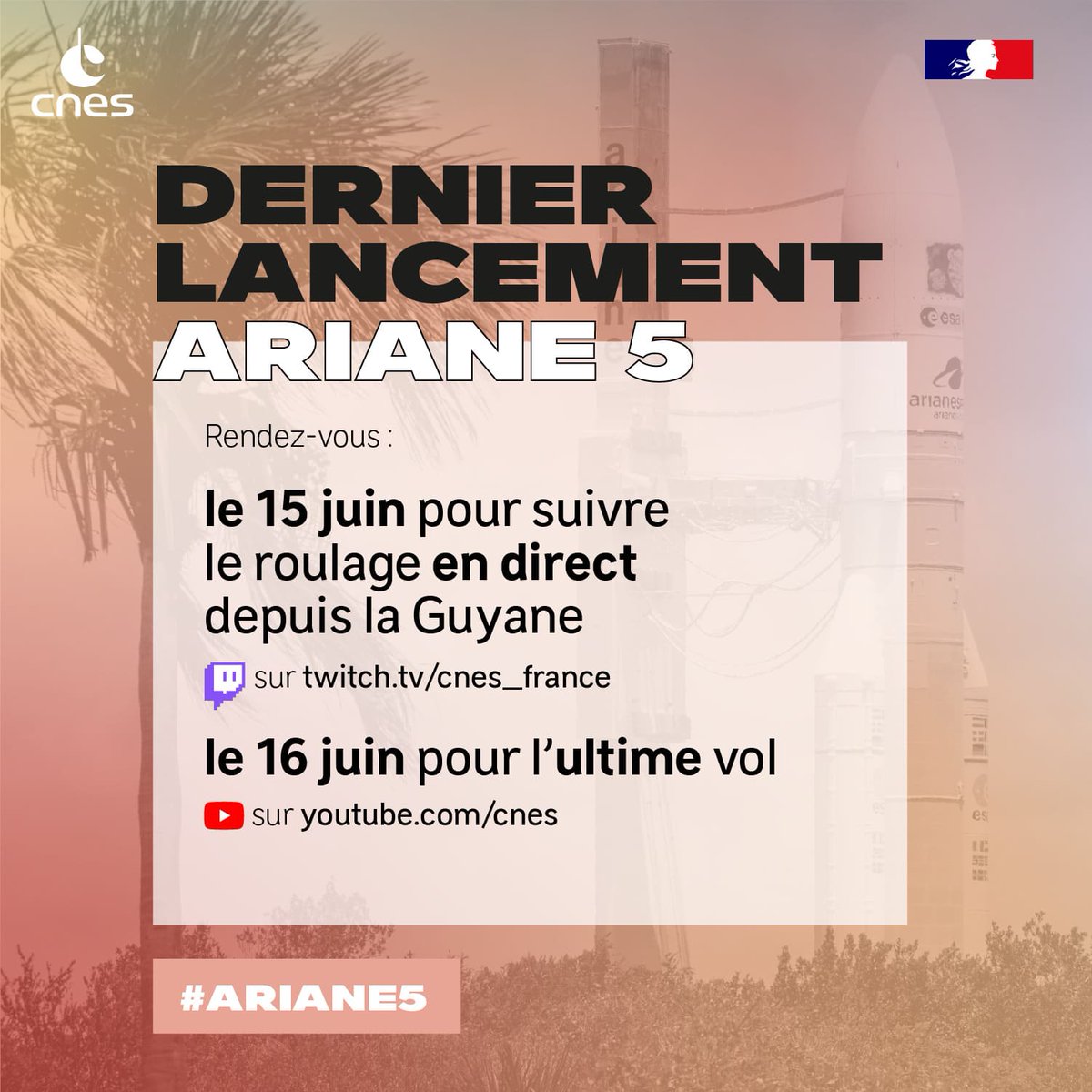 EuropeSpacePort's tweet photo. Prêt pour le dernier transfert #Ariane5 ?
Rendez-vous demain à 10h30 (Guyane) et 15h30 (métropole) en direct sur la chaîne Twitch du @CNES , animé par @astropierre @Space_Thomalice @hugolisoir et bien d'autres invités. 😉
#VA261 https://t.co/ktVuLheb0U