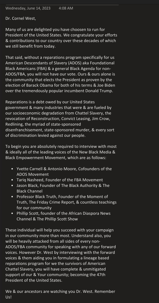 Please take a moment to read Dr. @CornelWest. Handles of those cited:

@BreakingBrown
@tonetalks
@tariqnasheed
@TheBlackChannel
@ProfBlacktruth
@iamphilscott / @philscottshow

#AmericanDescendantsOfSlavery #ADOS #FoundationalBlackAmericans #FBA #ReparationsNow #LineageMatters