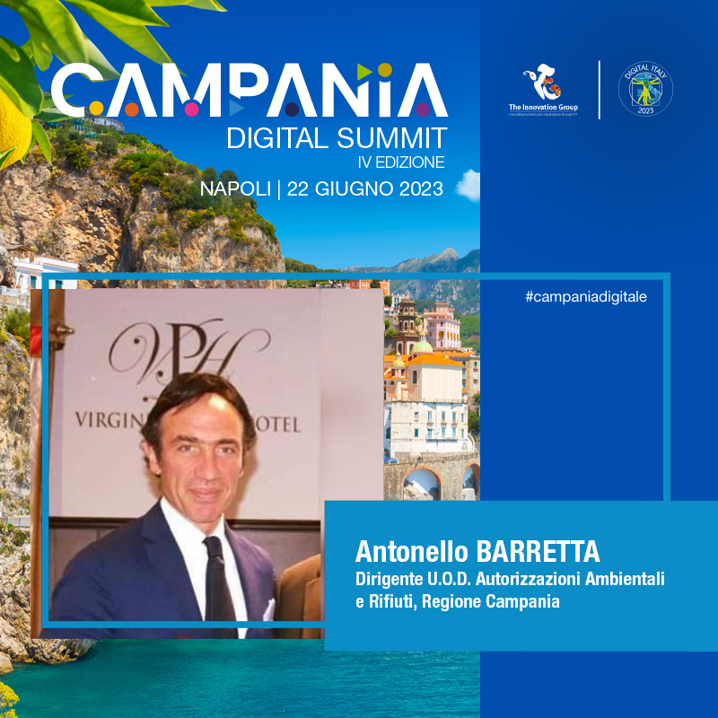 Antonello Barretta, Dirigente U.O.D. Autorizzazioni Ambientali e Rifiuti <a href="/Reg_Campania/">Regione Campania</a>, partecipa al Campania Digital Summit. Interviene alla Sessione Parallela 3 incentrata sulla #GreenEconomy, 22 giugno, 11.30-13.30, Napoli

Registrati lnkd.in/dfchu7u5

#CampaniaDigitale