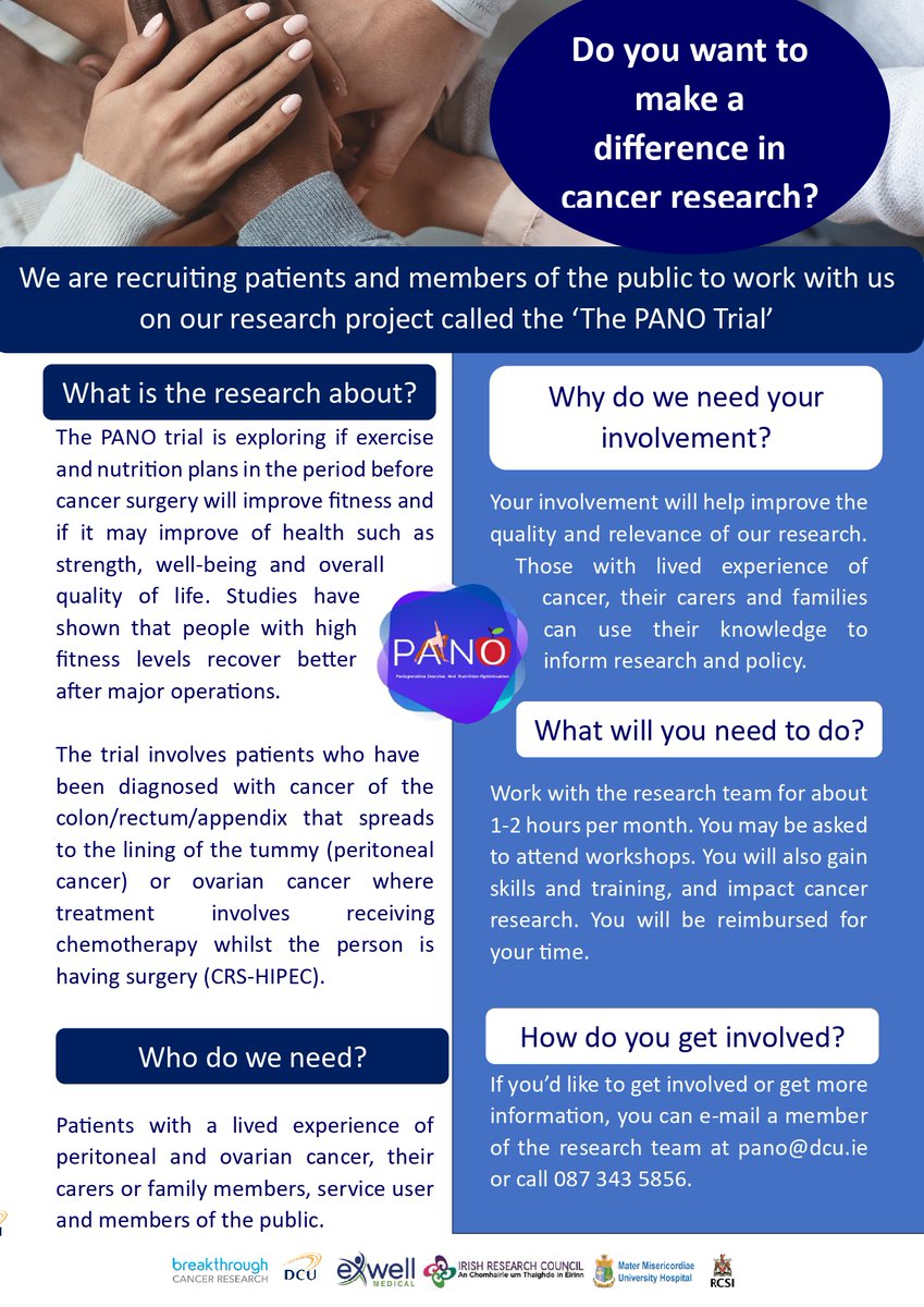 PanoTrial's tweet photo. WeΒ are seeking additional PPI representation from individuals affected by peritoneal and/or ovarian cancer (patients, family members, carers, and survivors) and members of the public to join the @PanoTrial research team
@PPI_Ignite_DCU @PPI_Ignite_Net #PPI @DCU @Matersurgery https://t.co/20W3euRN5e