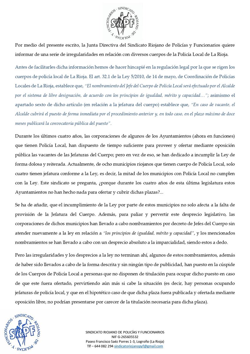 SRPFlarioja's tweet photo. Compartimos integra la nota de prensa enviada a los medios hace unos días. Ante el loflagrante incumplimiento de la Ley de Coordinación de @aytocalahorra @AytoAlfaro @AytoSDC @Ayto_de_Najera y sus gobiernos ahora en funciones, procederemos a preguntarle al Defensor del Pueblo https://t.co/I8hz4NUr29