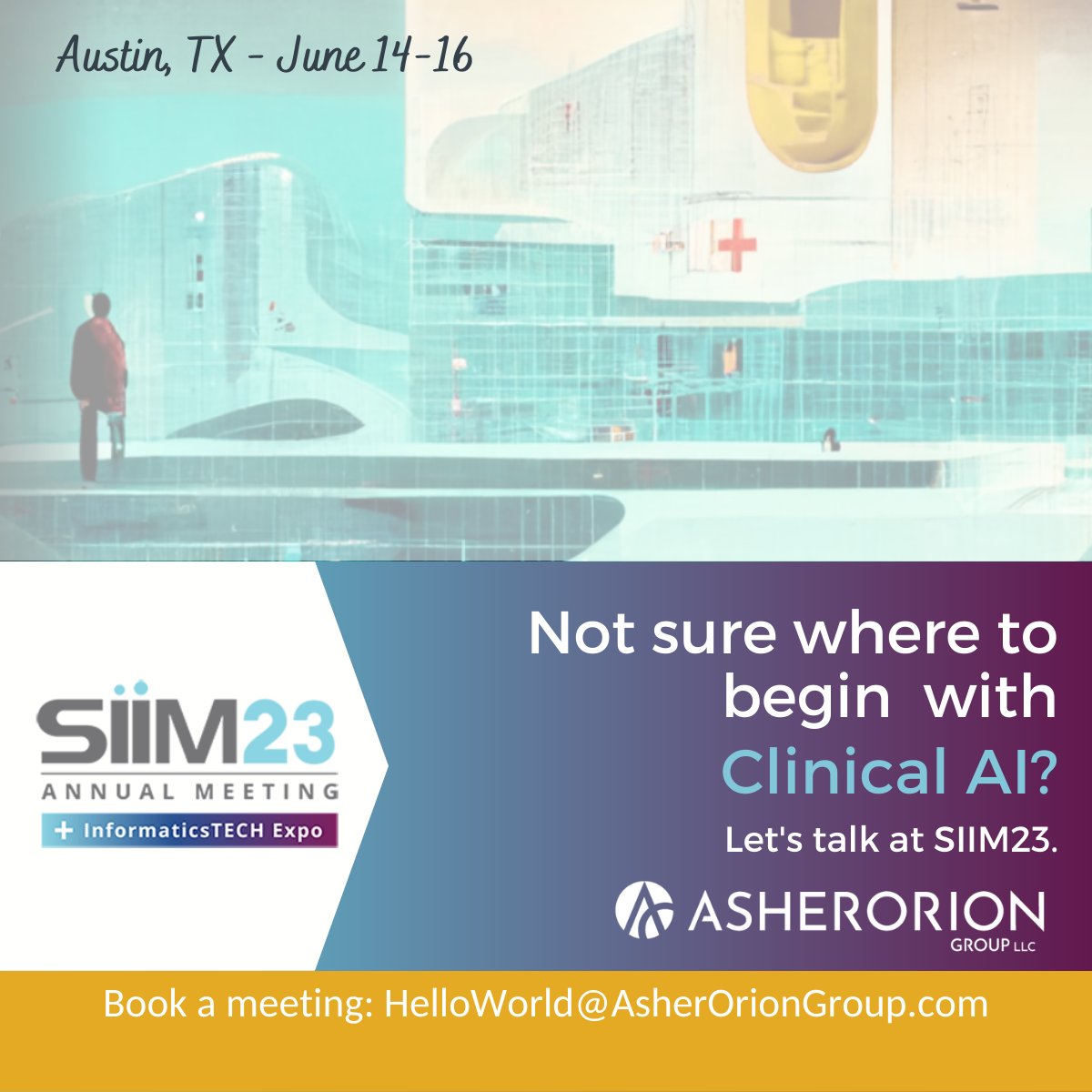 AsherOrionGroup's tweet photo. Meet up with Asher Orion Group to learn how we're helping Healthcare Systems adopt the right #medicalAI for their patients &amp; clinicians based on their current business needs and their data &amp; IT infrastructure capabilities. https://t.co/lPVBImyWTa