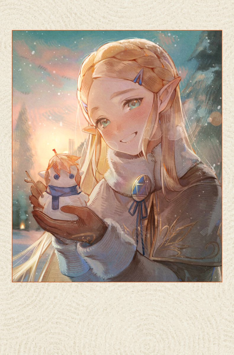 princess zelda 1girl pointy ears snowman smile long hair blonde hair hair ornament  illustration images