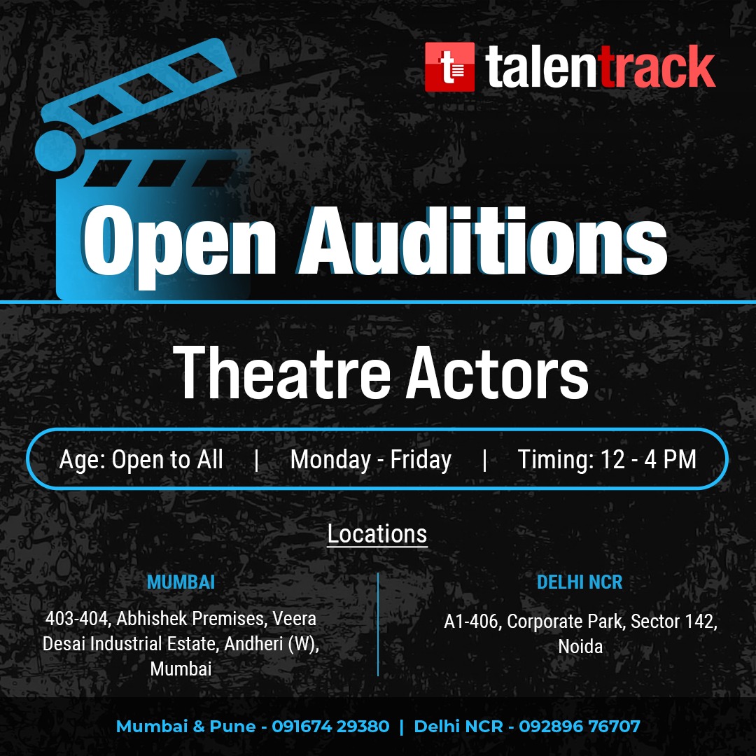 Walk-in auditions are open for multiple projects at Talentrack's Delhi & Mumbai studios.

Book your slots now at - talentrack.in/talent/walkin

#Talentrack #Auditions #WalkinAuditions #Movies #WebSeries #TVSerials #Photoshoot #Actors #Models