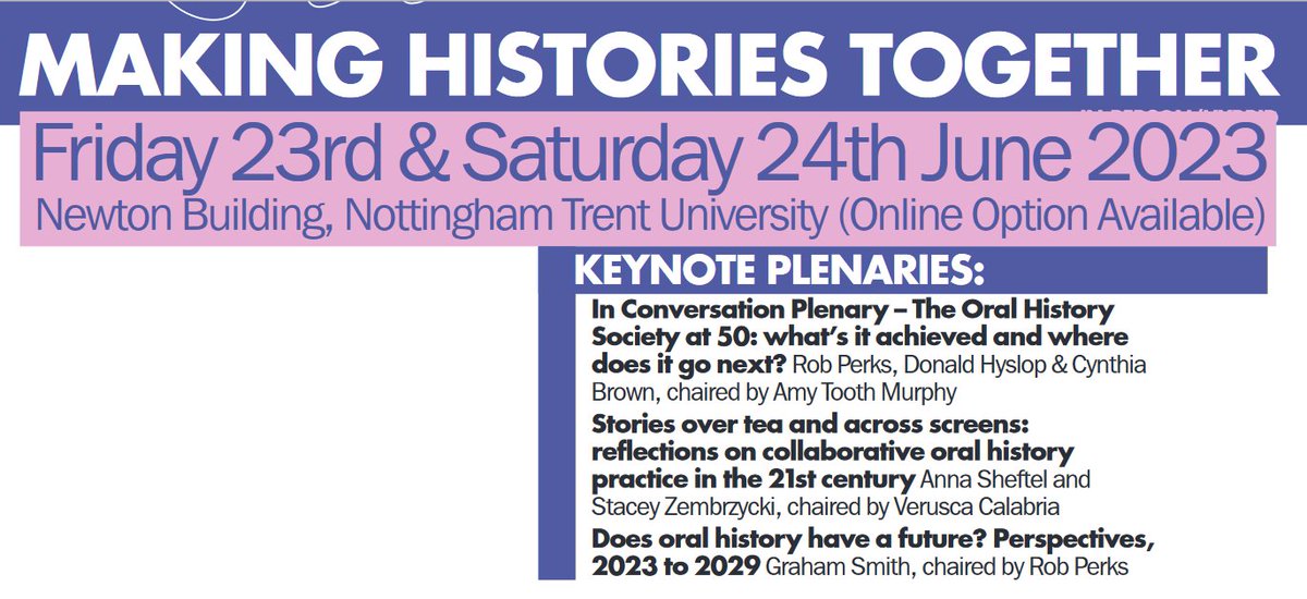 OHS_Environment's tweet image. Book now: #OHS50 conference 23-24 June 2023

Great line-up of plenary sessions
- In Conversation: @OralHistorySoc at 50 
- Collaborative #oralhistory practice
- Does oral history have a future? 

Full programme &amp;amp; registration: 
ohs.org.uk/conferences/