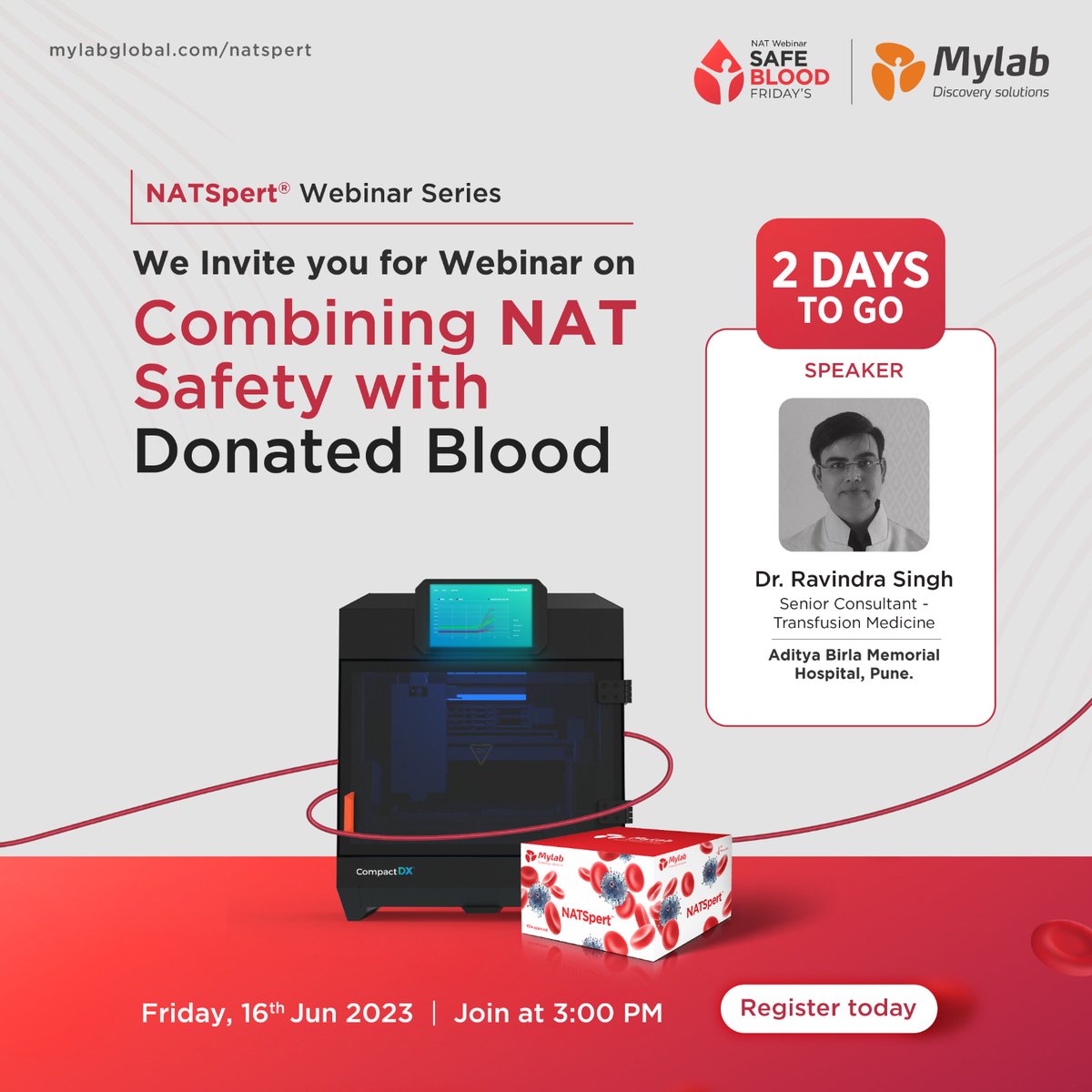 MylabSolutions's tweet photo. 2 DAYS TO GO!! Do Not Miss the Intriguing Opportunity to Comprehend NAT Safety in Blood Donation. Webinar on Combining NAT Safety with Donated Blood. Friday, 16th June 2023, at 3:00 pm. Register today: https://t.co/StQDLIgdFV 
#NATWebinar #WorldBloodDonorDay #NAT #BloodDonation https://t.co/XuYrpaFXIJ