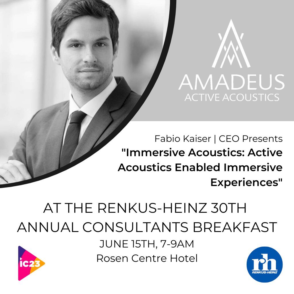 Join our CEO Fabio Kaiser who will be presenting at the 30th Annual Renkus-Heinz Consultants Breakfast!

If you want to learn about active acoustics, this is your chance. See you tomorrow.

#Infocomm2023 #AmadeusAcoustics #ImmersiveAcoustics #ActiveAcoustics #3DAudio