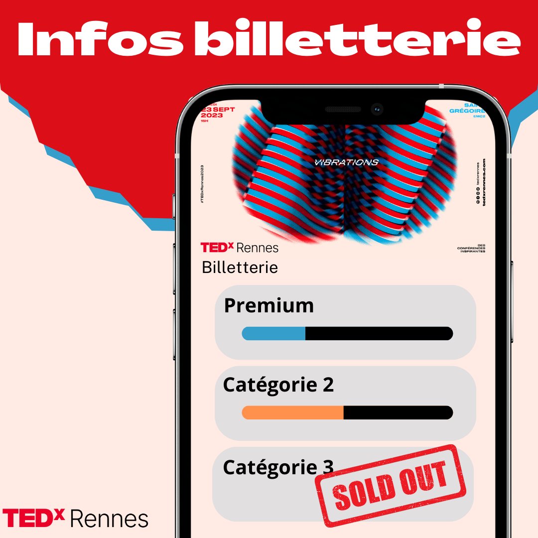 TEDxRennes's tweet photo. 📣 La catégorie 3 est déjà sold out !

Merci à tous ! Pour ceux qui n’auraient pas encore pris leur place, c’est ici

👉🏻 https://t.co/3ZOoJv26Ry

#TEDxRennes2023 #TEDxRennes #soldout https://t.co/j44thhQBln