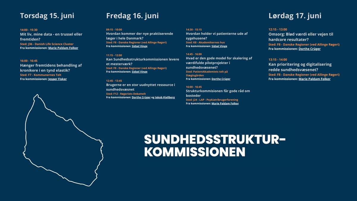 Strukturkom's tweet image. Ses vi på @Folkemoedet? ☀️

Flere af Sundhedsstrukturkommissionens medlemmer deltager i arrangementer og debatter på solskinsøen.

Vi har skabt et overblik til dig her, så du kan møde nogle af kommissionens medlemmer.

Vi håber på at se jer!