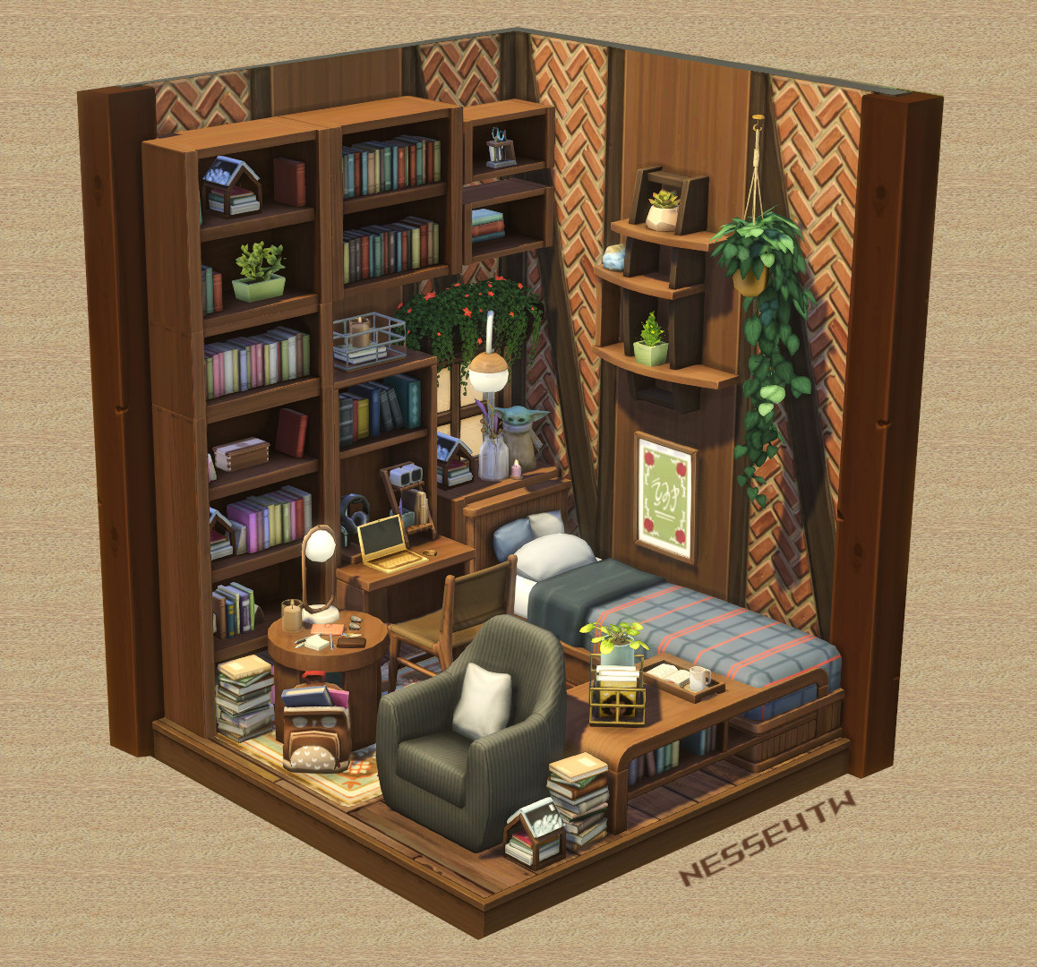 Day 14 - We Need A Baby Yoda!

'One does not simply become wise overnight!' 
'Study hard & read many, many books, you must!'

#JunBuild23 @sims4ideas #TheSims4 #TheSims #TS4 #ShowUsYourBuilds #NoCC #BookNookKit 
ID: Nesse4tw
