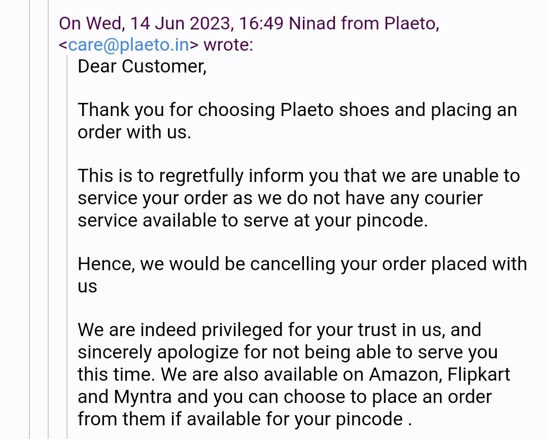 Utter lie <a href="/PlaetoShoes/">Plaeto Shoes</a> cant believe your company service top locality of Pune. I mean is it real ? Just SAY - we are a new company, incapable of serving COD orders and i get it. Be honest and I can support