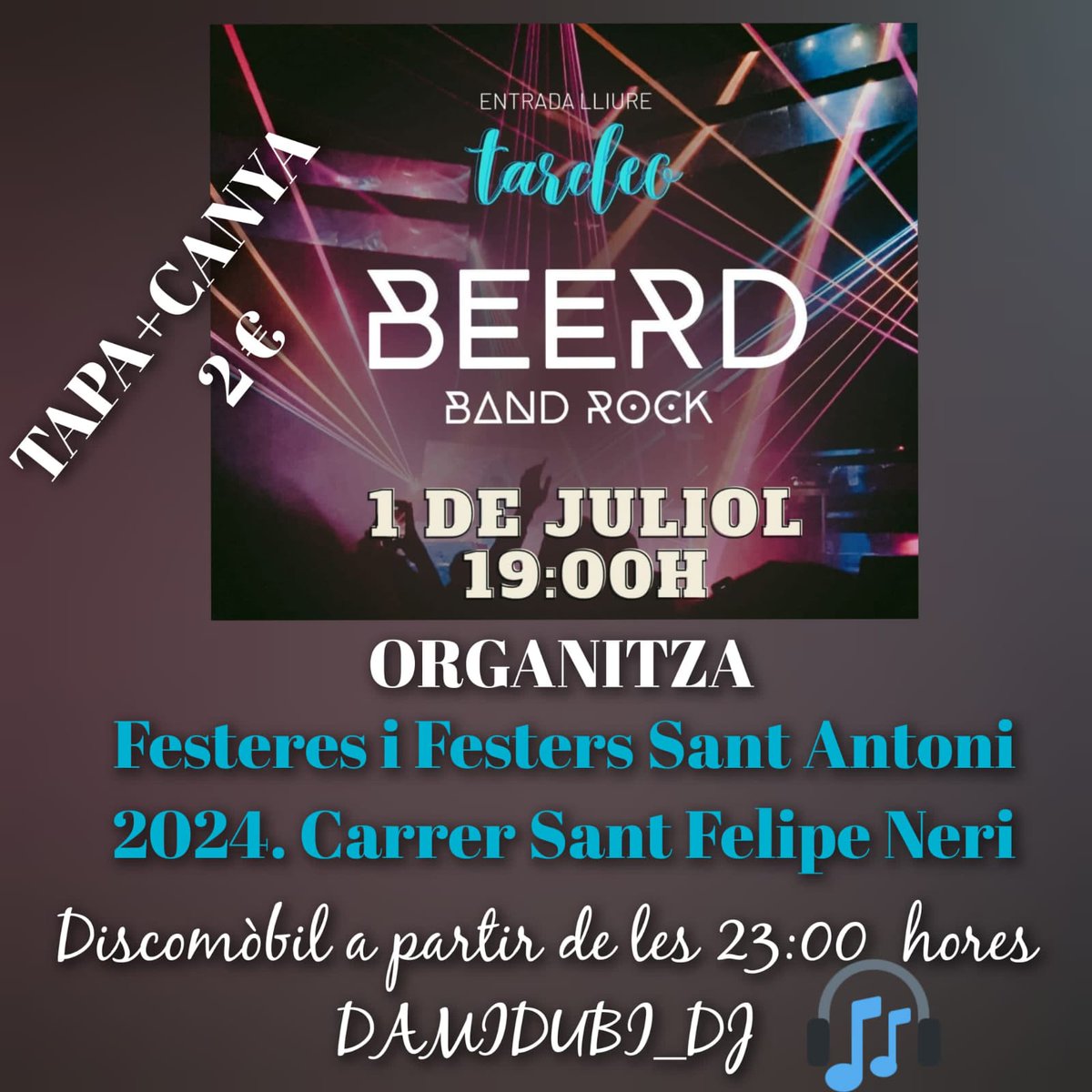 🐷| Celebra el Mig Any de Sant Antoni del Barrio amb les Festeres i els Festers del 2024. Passa la vesprada de l'1 de juliol amb música i tapes a partir de les 19.00 h al carrer Sant Felip Neri. I a partir de les 23.00 h Discomòbil.