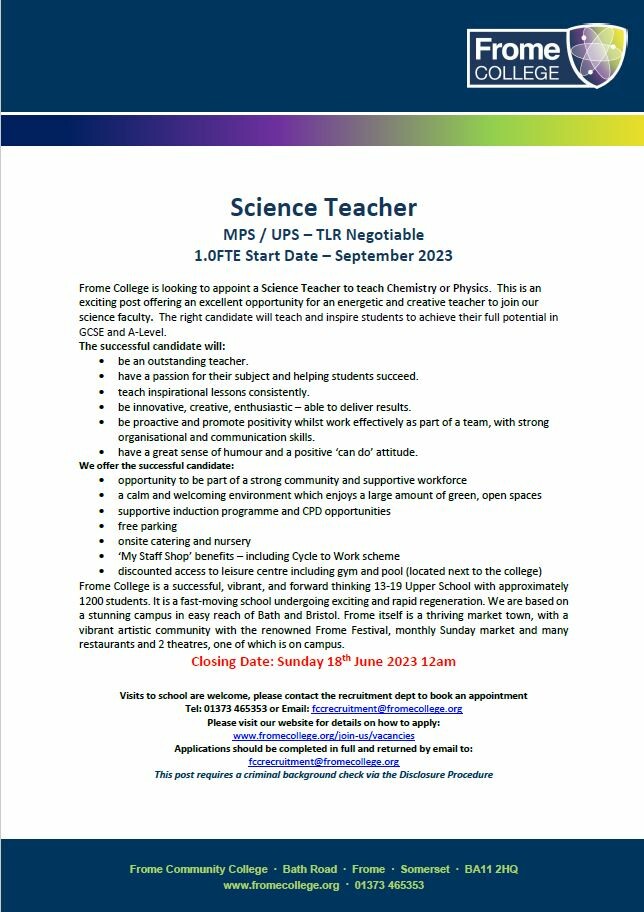 We are looking for a stupendous #Science teacher to join our team! Is that you? 
#FromeJobs #Somersetjobs #Somersethour #Sciencejobs #ScienceTwitter