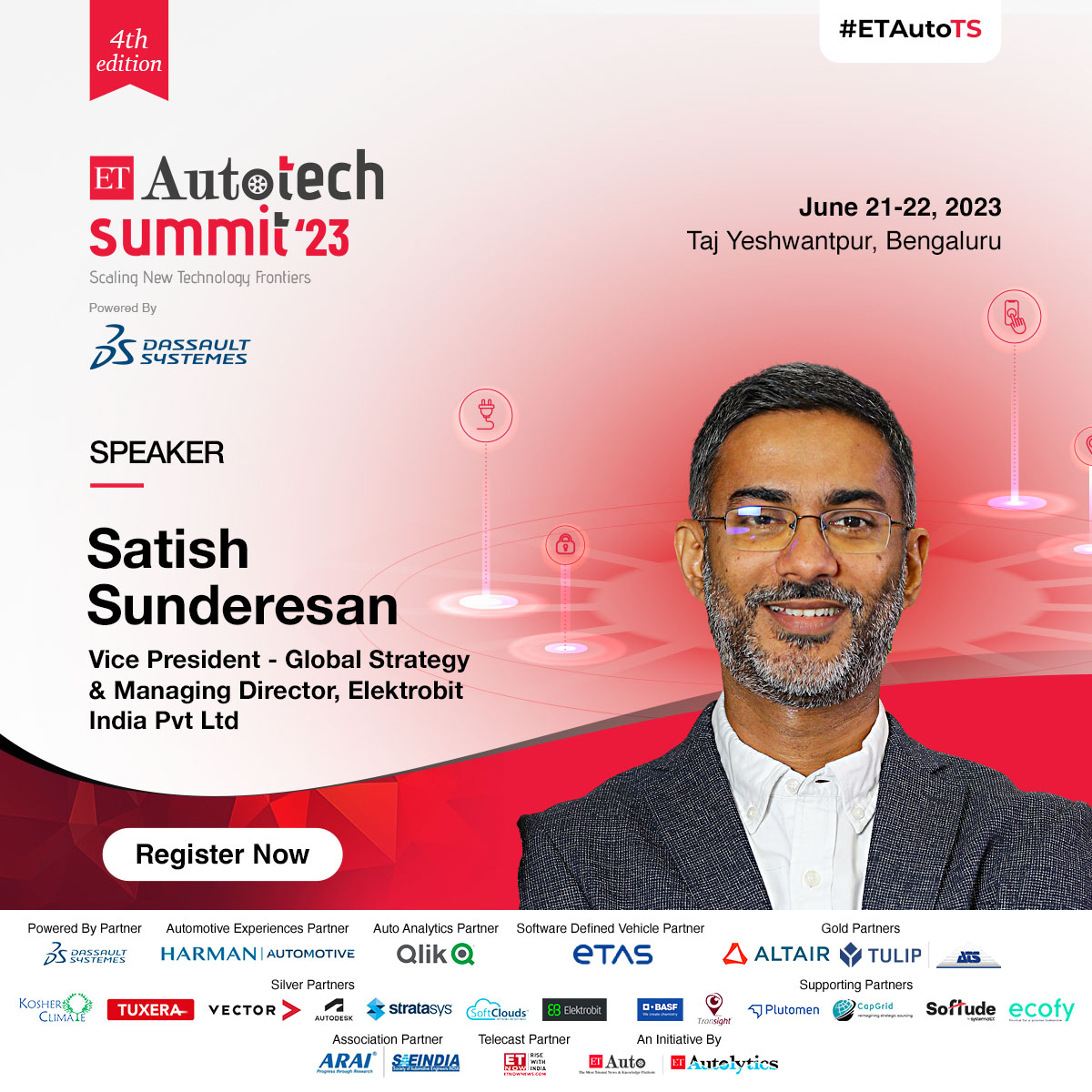 Get ready to be inspired! We're delighted to have Satish Sunderesan, Vice President- Global Strategy & Managing Director, @_Elektrobit to join us for at the 4th edition of #ETAuto Tech Summit 2023 Register Now: bit.ly/3Z9Jpvf #ETAutoTS #Auto #Tech #ETAutoTech #Summit