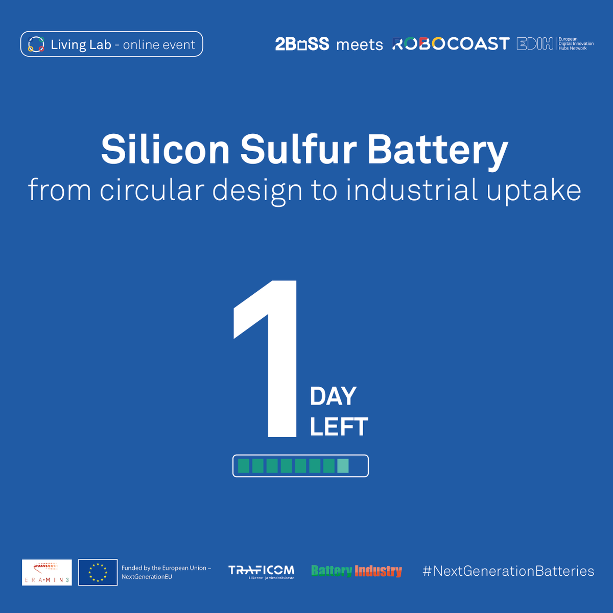 Just 1 day left until our highly anticipated event “Silicon Sulfur Battery: from #circular design to #industrial  uptake”🔋 Mark your calendars for tomorrow as we will kick off this exciting online event that you can join from anywhere in the world! 🌍 #SSB23 #Sustainability