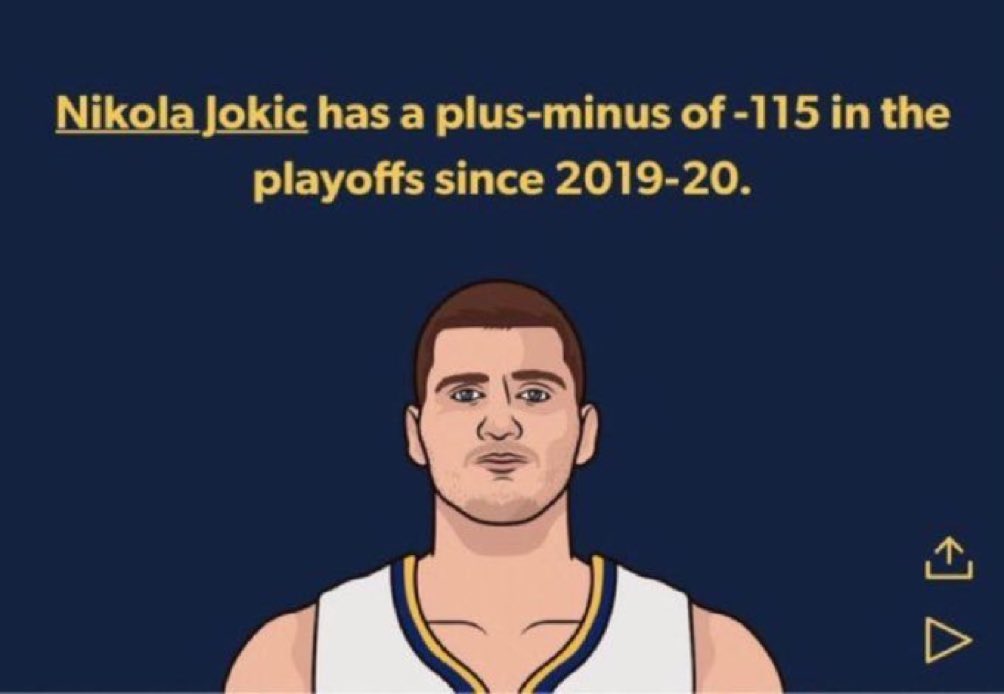 @jelynchjr @RTNBA This dude NEVER got the heat that Embiid gets and he’s done worse in the playoffs before this season. He made 1 trip to the WCF in The Bubble & that was because of Jamal Murray. Jokic didn’t make the highlight reel in those playoffs. Instead of heat he got 2 MVPs for not winning.