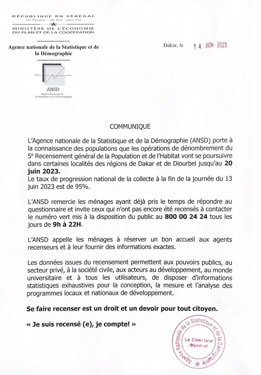 🚨🚨🚨 #Communiqué 
Le #Recensement est prolongé dans certaines localités de la région de Dakar et Diourbel jusqu'au 20 juin 2023.
Les détails à lire ici👇🏾👇🏾
#ANSD #Compublique  #kebetu