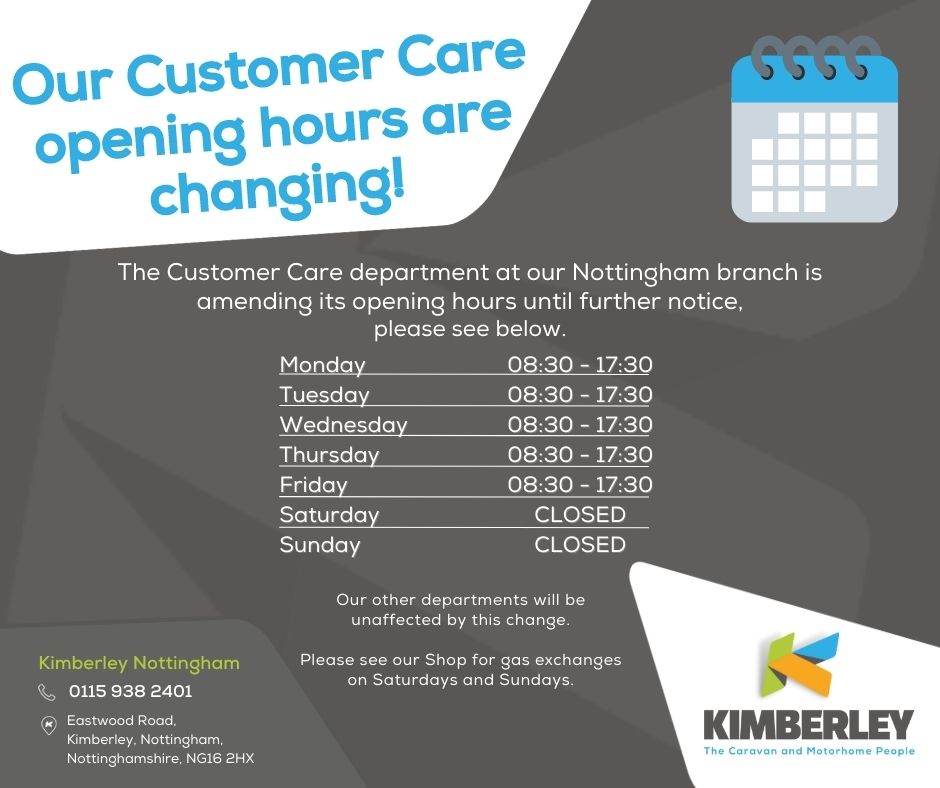 📣Please Note:
Our Customer Care opening hours at Nottingham are changing until further notice. Please see below for the amended hours that take affect from today👇

Thank you for your understanding, our other branches will be unaffected by this change.

- The Kimberley Team