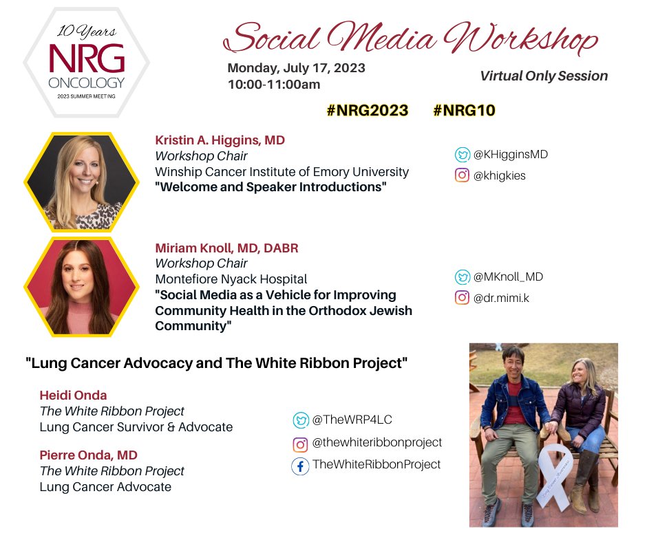 NRG Oncology (@nrgonc) on Twitter photo We are pleased to announce our Social Media Workshop at #NRG2023. This virtual -only session will focus on advocacy. Session co-chairs <a href="/KHigginsMD/">Kristin Higgins</a> & <a href="/MKnoll_MD/">Dr. Miriam Knoll</a> will be joined by Heidi & Pierre Onda from <a href="/TheWRP4LC/">The White Ribbon Project™</a>. Register today! ow.ly/GH9050ONuwk. See ⬇️for details. We are pleased to announce our Social Media Workshop at #NRG2023. This virtual -only session will focus on advocacy. Session co-chairs <a href="/KHigginsMD/">Kristin Higgins</a> & <a href="/MKnoll_MD/">Dr. Miriam Knoll</a> will be joined by Heidi & Pierre Onda from <a href="/TheWRP4LC/">The White Ribbon Project™</a>. Register today! ow.ly/GH9050ONuwk. See ⬇️for details.