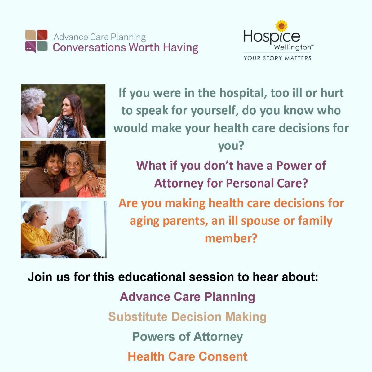 Join us at the Mount Forest Library on Wed June 21 for an educational session on:
•Advance Care Planning
•Substitute Decision Making
•Powers of Attorney
•Health Care Consent

Date: June 21, 2023 Time: 1:00pm – 2:30 pm 
Mount Forest Library 
more info at:  519-836-3921 X