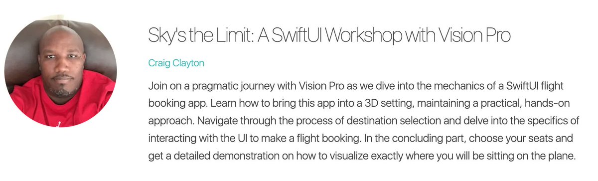 tryswiftnyc's tweet image. Learn how to adjust your #SwiftUI app to #VisionPro - a new workshop by @thedevme! Happening at #tryswiftnyc September 5-6. Get your tickets 🐥 🥽 🗽 #swiftlang #iosdev tryswift.co/events/2023/ny…